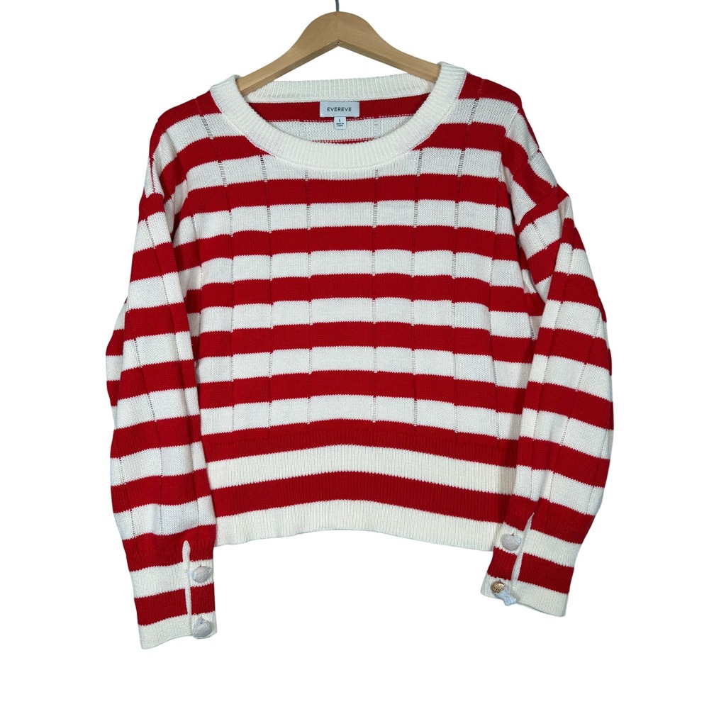 Evereve Shayla Sweater Large Red White Striped Nautical Button Cuff Pullover NWT